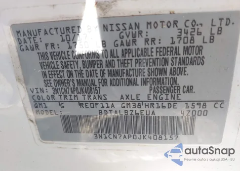 2018 Nissan Versa 1.6 Sv from USA, damaged, VIN 3N1CN7AP0JK408157